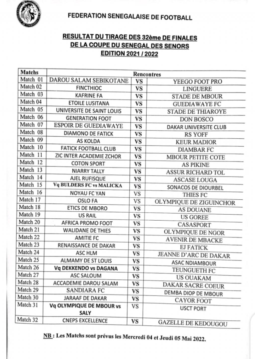 Coupe du Sénégal (Séniors) : Les résultats du tirage au sort des 32es de finale 11 1651154253 626a9d4dd08e9 - OnzedAfrik