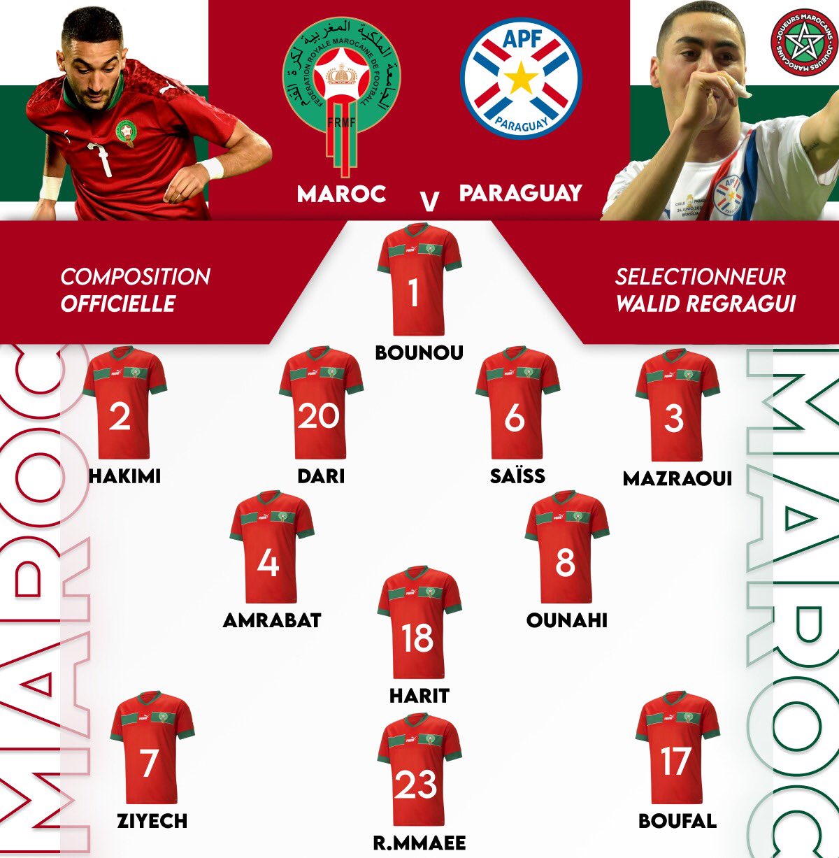 Hakimi et Ziyech reconduits, le XI du Maroc face au Paraguay dévoilé 11 Fdrk 0bWQAM GBO - OnzedAfrik