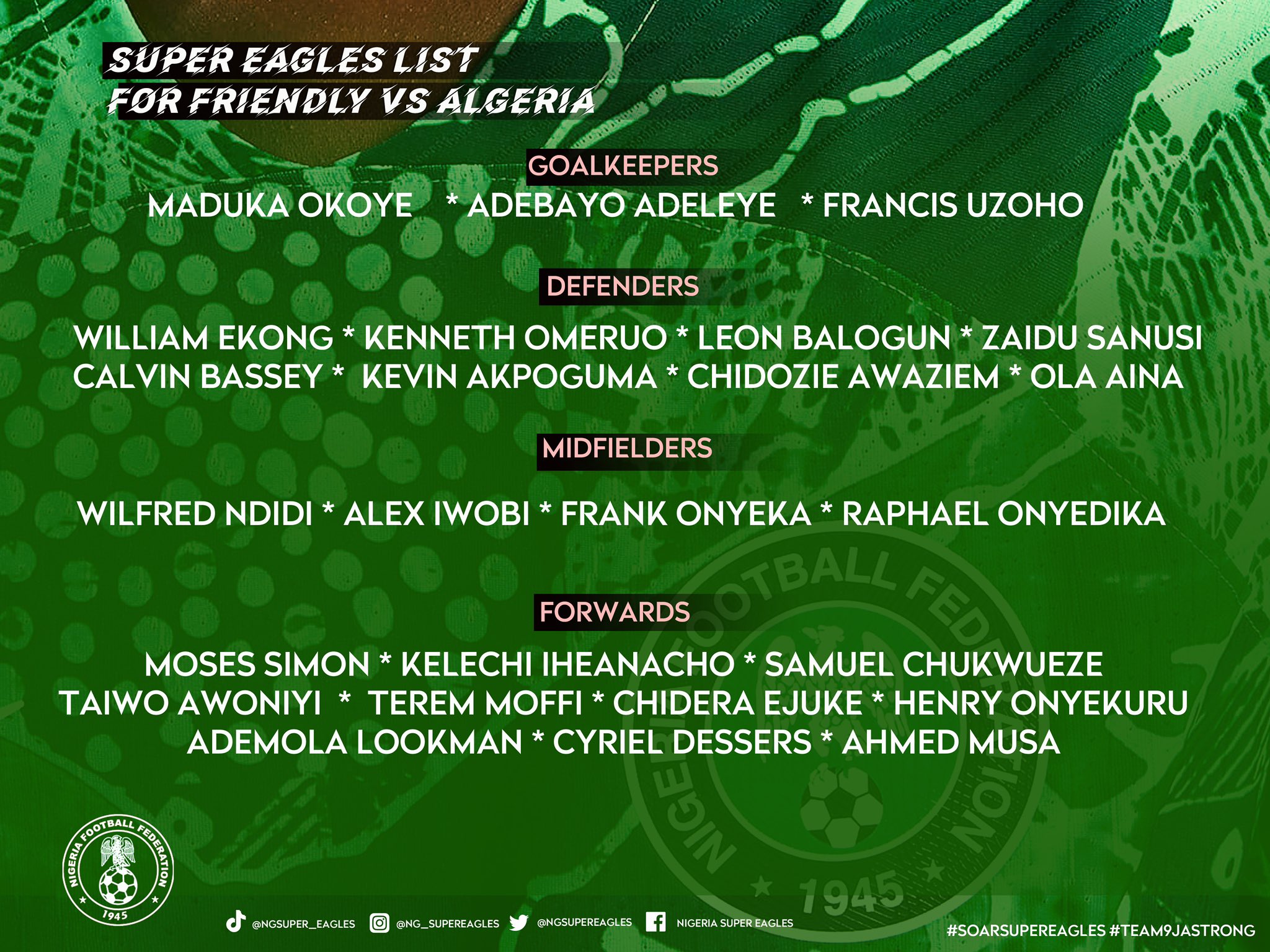 Nigéria : La liste des Super Eagles pour affronter l'Algérie sans Osimhen 11 - OnzedAfrik