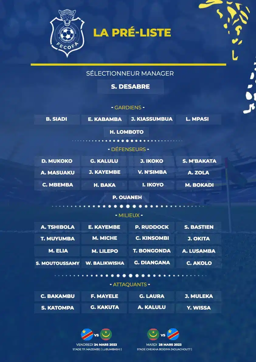 CAN 2023 (Q) : La pré-liste de la RD Congo avec Mbemba, Bakambu et un international belge 11 fqc - OnzedAfrik