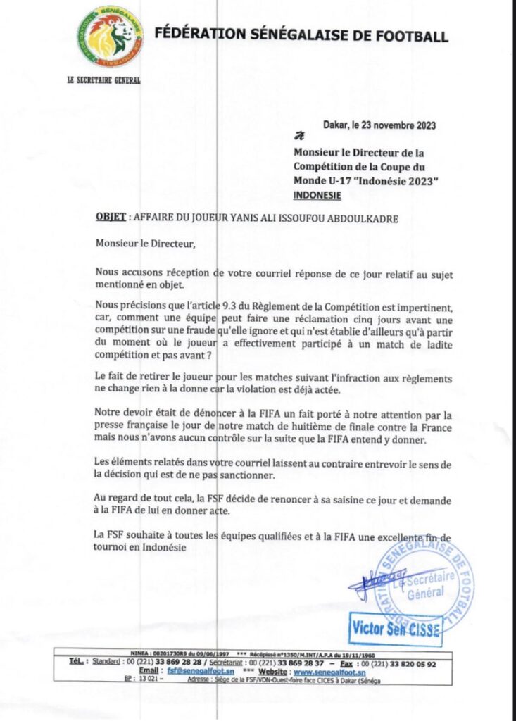 Affaire Yanis Issoufou, la fédération sénégalaise de football retire sa plainte (officiel) 11 F tcbI6WQAAEKjn - OnzedAfrik