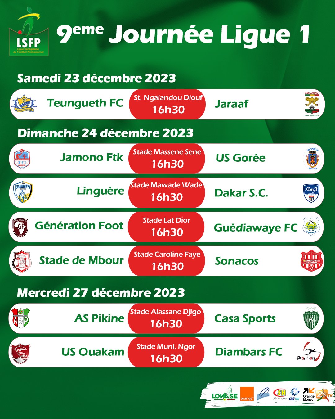 Ligue 1 : duel au sommet entre Teungueth et Jaaraf, le programme de la 9e journée 11 Ligue 1