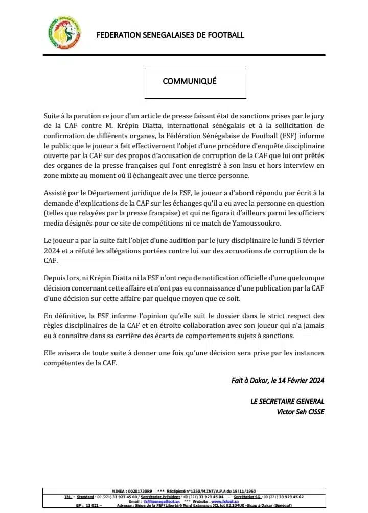 Krépin Diatta : la Fédé sénégalaise réagit à la rumeur d'une sanction de la CAF ! 11 Communiqué FsF sur la sanction de Krépin Diatta