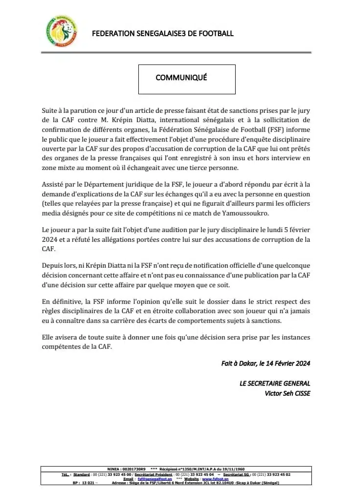 Communiqué FsF sur la sanction de Krépin Diatta 