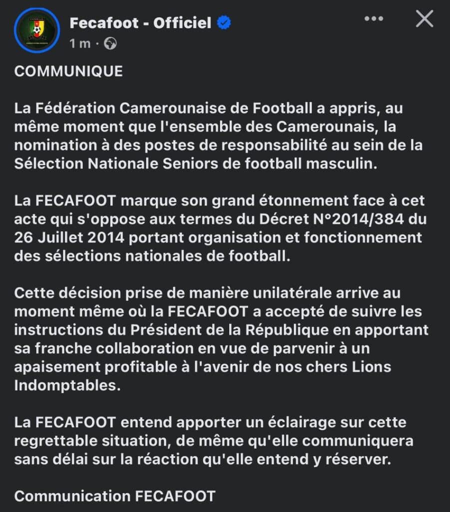 Cameroun : Le nouveau sélectionneur, Marc Brys, fait déjà scandale ! 11 Fédération camerounaise de Football communiqué