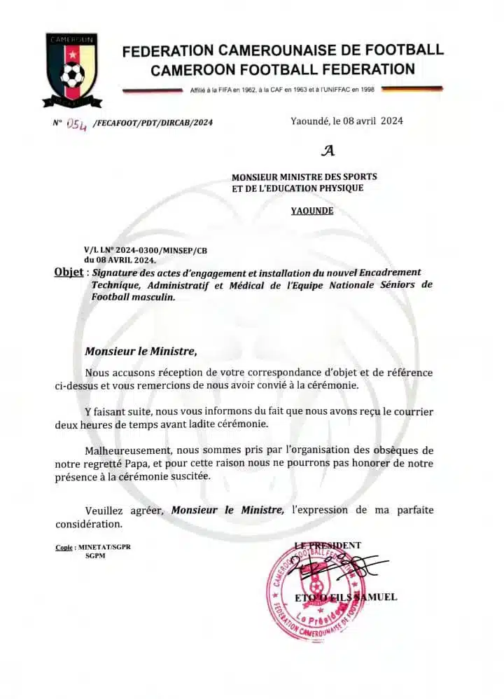 Cameroun : Samuel Eto'o justifie son absence à la présentation de Marc Brys 11 La lettre de Samuel Eto'o