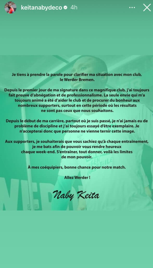 Werder - Naby Keïta claque la porte et crache ses vérités : « Je n'accepterai pas que ... » 11 Naby Keïta Story Instagram