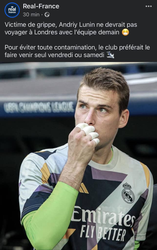 « Victime de grippe », un autre taulier du Real Madrid forfait pour la finale ? 11 Andriy Lunin, gardien de but du Real Madrid