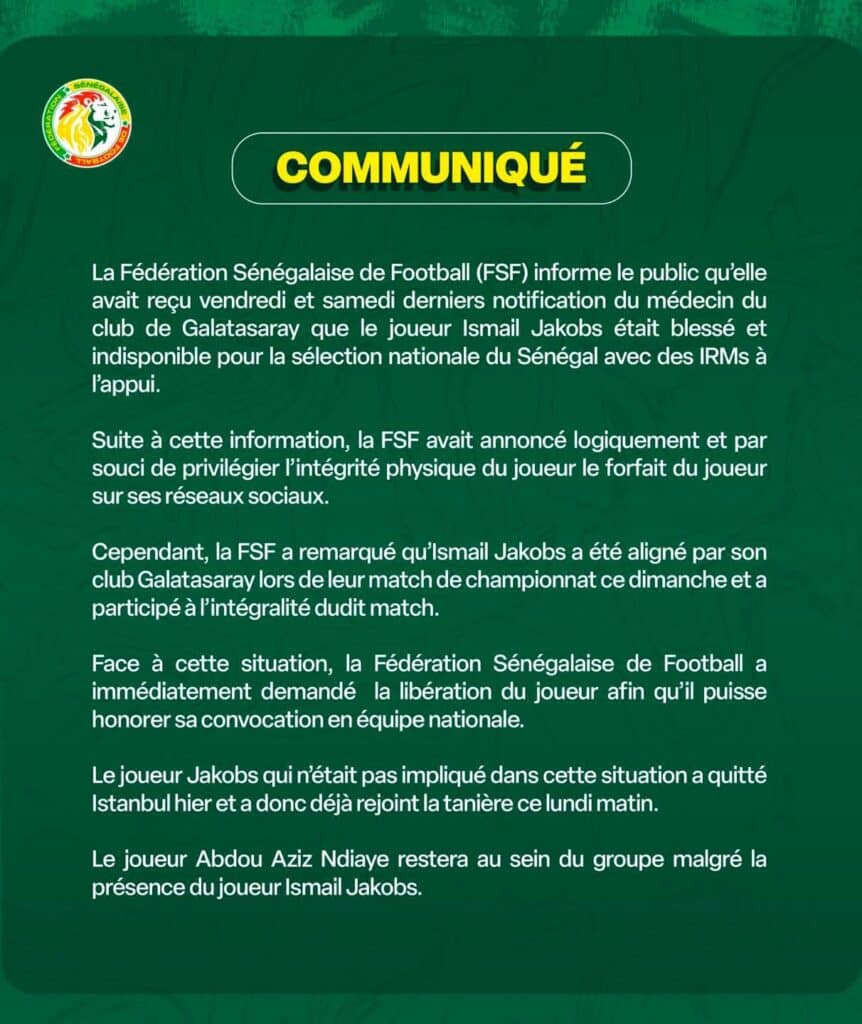 Sénégal : le communiqué officiel de la FSF sur le cas Ismail Jakobs 11 Communiqué de la Fédération sénégalaise de football sur Ismail Jakobs