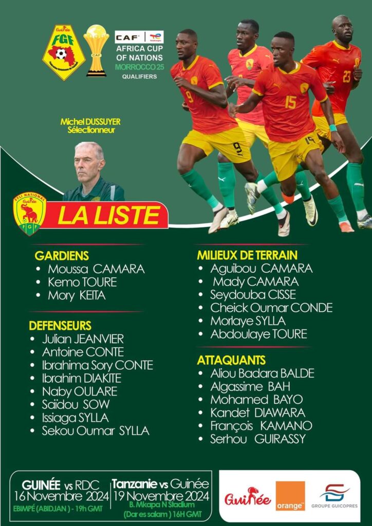 La liste de la Guinée pour la 5e et 6e journée des éliminatoires de la CAN 2025