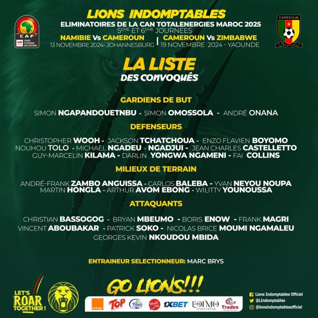 Cameroun : La liste de Brys sans Toko-Ekambi, mais avec 2 nouveaux 11 Liste Cameroun