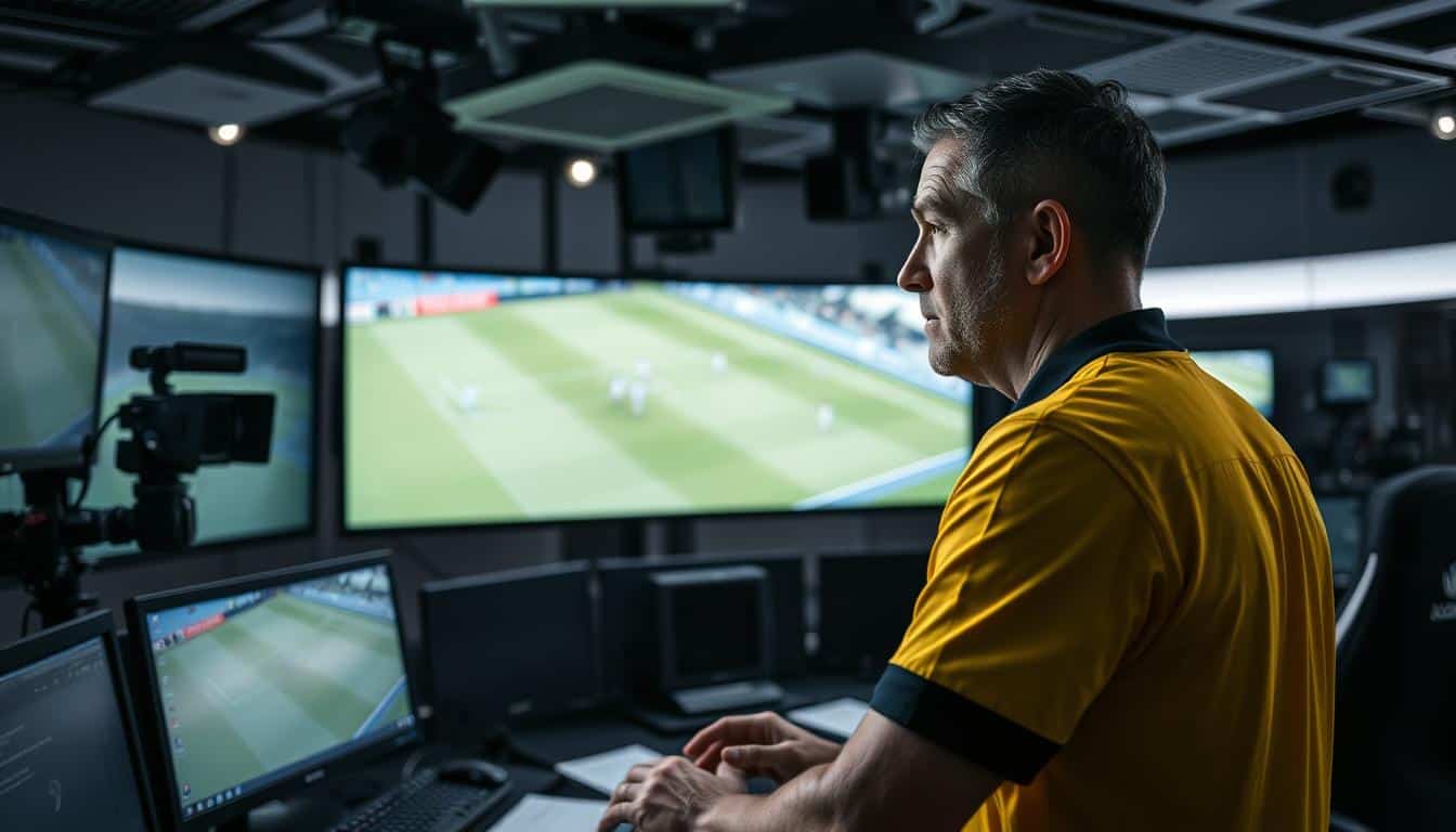 A professional referee overseeing a video review process intently focused on a large - OnzedAfrik